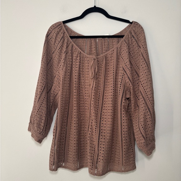 Joie Tops - Joie Mushroom Taupe Cotton Eyelet Boho Peasant Top Button Front Tie Size Large